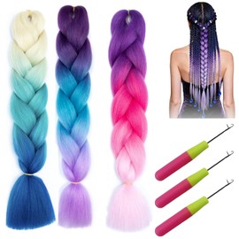 Pack of 3 Braids Extensions, 24 Inches, 100 g, Synthetic Hair for Braiding, Fake Hair, Blue Purple, with 3 Large Crochet Hooks, Jumbo Braids for Braiding Hair (Blue Purple Gradient)