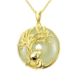 HPQQ Jade Koala Necklace for Women 14k Gold Plated Sterling Silver Tree of Life Koala Pendant Necklaces Good Fortune Jewelry Christmas Gifts for Women Mom Wife
