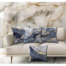 OGILRE Blue and Gold Pillow Cover, Modern Abstract Marble Texture Blue Gold Watercolor Print Art Home Bedroom Decorations Soft Throw Pillow Cover, Drawing Boho Pillow Case Pillowcase, 20x20 Inch 4 Pcs