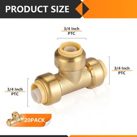 HeSun 20-Pack Pushfit Tee, 3/4"x3/4"x3/4" Push to Connect Plumbing Fittings with Disconnect Clip, Brass Push-fit Fittings for PEX, Copper, CPVC, PE-RT Pipes