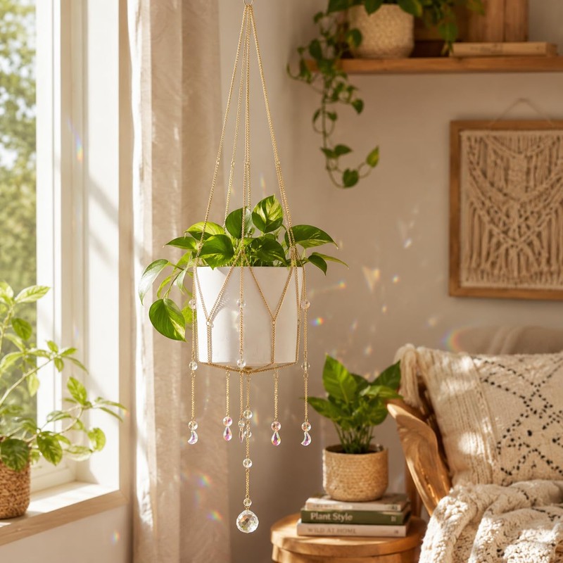 Sun Catcher Plant Hanger with Beads, Glass Crystal Ball Decor