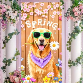 BlissYard Spring Door Banner Spring Door Decor 70x35 Seasonal Golden Retriever and Floral Spring Backdrop Design Door Covers Decorative Door Hanging for Front Door Porch or Indoor Spring Decorations