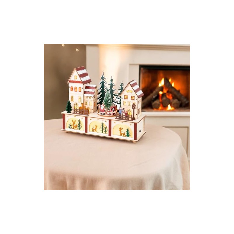 Lumineo LED Wood Village with Santa Scene, 8.66" Tall, Warm