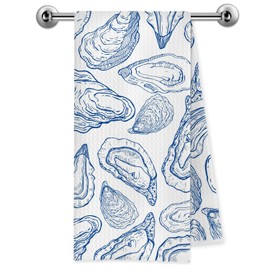 Trenstise Blue Coastal Oyster Kitchen Towels, Beach Bathroom Decor, Retro Blue Ocean Oyster Shell Nautical Decorative Dish Tea Hand Towels for Kitchen Bathroom, 16x24 Inch