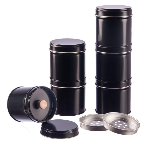 Pack of 12 Spice Jars Black Stackable with Extra Aroma Lid Including 6 Labels + 2 Shaker Inserts | Height: Each Approx. 6.5 cm, Diameter Approx. 6.6 cm | Tins Material: Tinplate | BPA Free and
