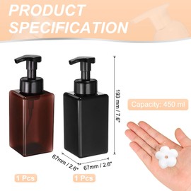 uxcell 2PCS Square Empty Foam Pump Bottle, 450ml Travel Foam Soap Dispenser Empty Refillable Plastic Pump Bottle for Lash Shampoo, Hand Soap, Facial Lotion(9" Black/Brown)