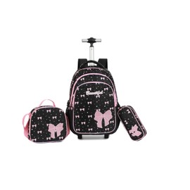 kingdisen Women Large Rolling travel Backpack for kids, Wheeled Backpack with Adjustable Shoulder Straps, Nylon Book Bag 3pc Set (BOWKNOT BLACK)