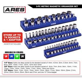 ARES 60036-3-Piece Blue Metric Magnetic Socket Organizer Set - Includes 1/4-Inch, 3/8-Inch, and 1/2-Inch Socket Holders - Holds Standard Size and Deep Size Sockets - Keeps Your Tool Box Organized