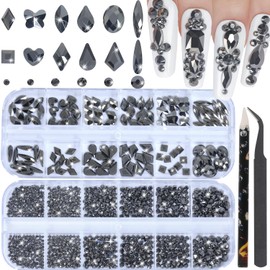 DZHILHMX Nail Rhinestones - 3D Multi Shape Size, Flat Back, Crystals Manicure Rhinestones Charms, Mineral Gray Nail Gems, with Kit, for Nail Art, Bedazzling Acrylic Nails, DIY Decor