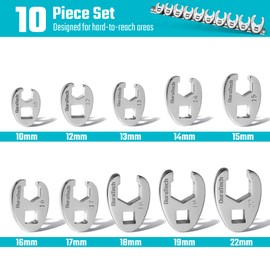 DURATECH 10-Piece 3/8" Drive Crowfoot Wrench Set, Flare Nut Wrench Set, Metric, 10-22mm, with Storage Rail