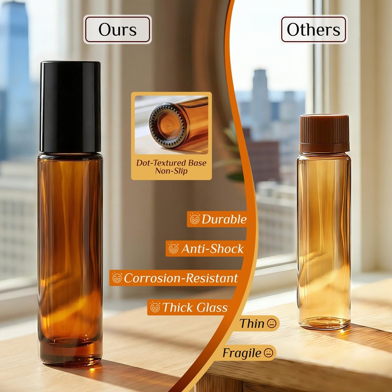 PrettyCare Set of 24, 10 ml Amber Glass Roller Bottles