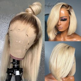 Munx Glueless Bob Wig Human Hair for Black Women 13x4 HD Frontal Lace Wig 180% Density Ombre Dark Roots Blonde Pre Plucked Lace Front Wigs Human Hair 8 inch Natural Hairline