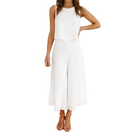 ROYLAMP Women's Summer Two Piece Outfits Round Neck Crop Basic Top Cropped Wide Leg Pants Set Jumpsuits White S