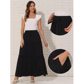 Allegra K Boho Maxi Skirt for Women's Elastic High Waist Tiered A-Line Long Skirts Black M