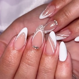 Summer Press on Nails Almond Medium Fake Nails with Designs White French Tip Nails Glitter Rhinestones Summer Glue on Nails Almond Shape Acrylic False Nails Tip Reusable Stick on Nails for Women 24PCS