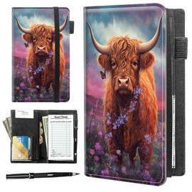Server Books for Waitress Book,Leather Server Book with Zipper Pocket,Fit Waitress Apron,Guest Check Books for Servers Notepad Check Presenters for Restaurants 5" x 9",Cute Highland Cow