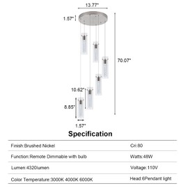 Bestwest Foyer Pendant Lighting,Integrated 6-Light Modern Pendant Light,Brushed Nickel Pendant Lighting for Kitchen Island, Dining Room(3000k, 4000k,6000K Dimmable)