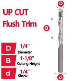 SICWOOD Spiral Flush Trim Router Bit 1/4 Shank, 1/4" Cutting Dia, 1-1/8" Height, Solid Carbide Up-Cut Flush Trim Router Bit, Flush Cut Router Bit for Wood Trimming