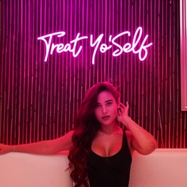 Kavaas Treat Yourself Neon Sign 16.5" x 5.7", Pink LED Light Up Signs for Wall Decor | Treat Yo Self Neon Sign for Girls Bedroom, Bar, Office, Dorms