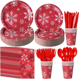 Christmas Snowflake Paper Plates and Napkins Set Serve 25, Disposable Red Winter Holiday Snowflake Plates Cups Tableware Party Supplies for Xmas Winter Holiday New Year Birthday Party Decorations