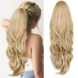 CHRSHN Blonde Ponytail Extension, Drawstring Ponytail Extension for Women 26 Inch Long Wavy Highlights Pony Tails Hair Extensions Synthetic Clip in Ponytail Hairpiece for Women(H24/88)
