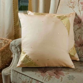 Indian Selections Gold - Set of 2 Decorative handcrafted Sari Cushion Cover, Throw Pillow Case 16" X 16"