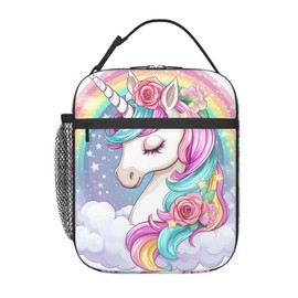 Zeleda Dreamy Unicorn Lunch Bag, Polyester Tote Bags with Rainbow Background, Floral Insulated Lunchbox, Portable Lunchbag Decor Gifts for Work, Picnic, School, Travel, Hiking, Beach or Fishing