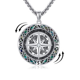 HUKKUN Fidget Compass Necklace Sterling Silver Abalone Shell Anxiety Compass Necklace Graduation Jewellery Gift for Men, Sterling Silver