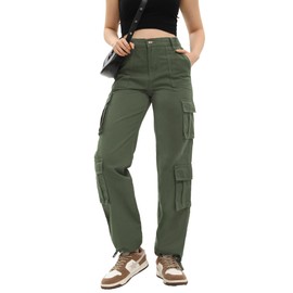 Women's Cargo Pants High Waisted Baggy Cargo Jeans Straight Leg Y2K Streetwear Trousers 8 Pockets for Women Green