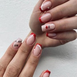 Christmas Press on Nails Short Christmas Hat Elk Element Square Fake Nails Coffin Stick on Nails Artificial Full Cover False Nails with Adhesive Taps for Women Girls 24Pcs