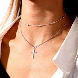 Yienate Boho Layered Cross Necklace Vintage Silver Cross Pendant Necklace Pearl Satellite Necklace Multilayer Statement Cross Necklace Jewellery for Women and Girls