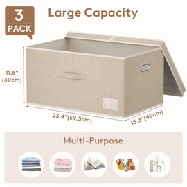 Lifewit Extra Large Storage Bins with Lids, Fabric Foldable Storage Boxes with Handles, Decorative Closet Organizer, Stackable Cube Baskets Container for Bedroom, Office, Nursery, 3 Packs, Beige