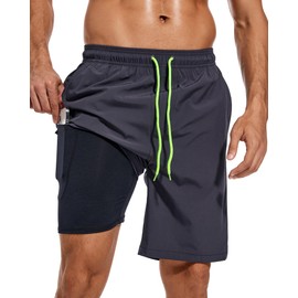 difficort Mens Swim Trunks Quick Dry Bathing Suit 9 inch Inseam Board Shorts with Compression Liner and Zipper Pocket,Dark Grey,Large