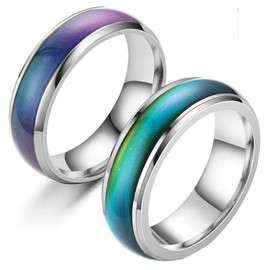 2 Pcs Mood Rings for Kids Men Women With Color Mood Chart Stainless Steel Band Mood Jewelry Size 6 & 7