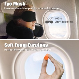Travel Pillow, Memory Foam Neck Pillow for Traveling, U Shape Neck Pillow Airplane Portable Flight Pillow Travel Kit with 3D Contoured Eye Masks and Earplug for Plane Train Car Home Office - Black
