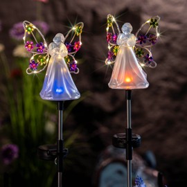 Angel Solar Lights Outdoor Garden 2 Pack Solar Angels Grave Decorations for Cemetery Color Changing Angel Statues for Garden Flower Bed Decor Christmas Memorial Sympathy Gift (Colorful)