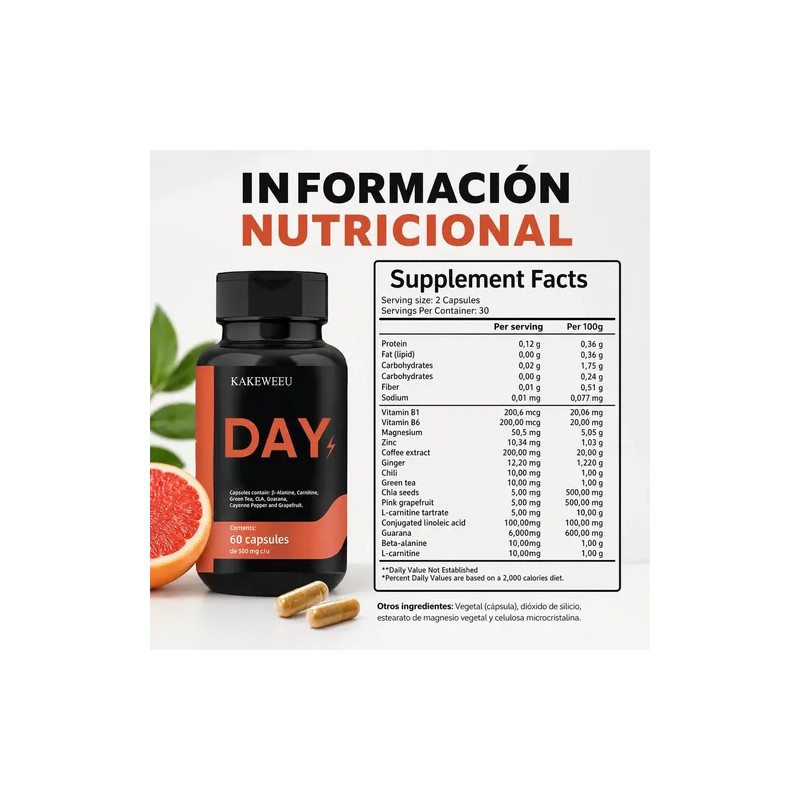 Quemador Grasa Day Carnitina Cla Guaraná Verde Magnesio Zinc Jengibre