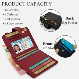 AdiStylinno Slim Wallet for Women, Bifold Leather Credit Card Holder for Women Minimalist Small Wallet with Coin Pocket Muti Card Slot Front Pocket Purses with ID Window and Keychain (WineRed)