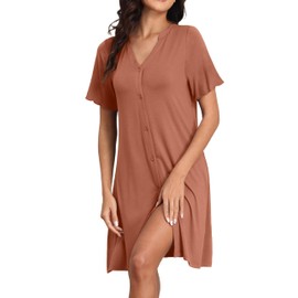 HiMONE Nightgowns for Women Button Down Pajamas Soft Labor and Delivery Gown Viscose Derived from Bamboo Brownish Red