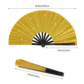 Tkocisa 2 Pack Large Folding Hand Fans with Fan Bags, Large Clack Rave Fan Glitter Festival Hand Fan for Party, Music Festival, Club, Beach, Gift, Home Decorations(Gold)