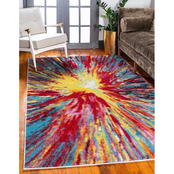 Unique Loom Lyon Collection Modern Abstract Tie-Dye Fireworks Area Rug, 4 x 6 Feet, Multi/Blue