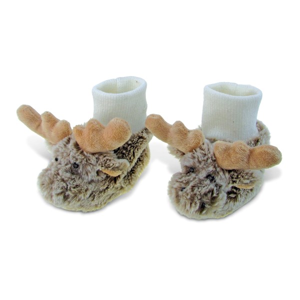 DolliBu Brown Moose Soft Plush Baby Shoes - Soft & Fluffy Wild Life Fleece Unisex Footwear with Stuffed Animal Moose for Baby Boy or Girl - Fuzzy Indoor Slipper, Winter Foot Warmer - One Size