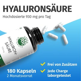Hyaluronsäure Kapseln – Hochdosiert: 930 mg Hyaluronsäure pro Tagesdosis – 180 Kapseln für 2 Monate – Apothekenqualität - Laborgeprüft in Deutschland - Green Naturals®