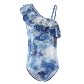 Big Girls One Piece Swimsuits Mermaid Bathing Suit for Kids One Shoulder Hawaiian Swimwear Navy Size 14/12-14 Years