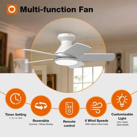 addlon Ceiling Fans with Lights, 32inch Low Profile Ceiling Fan with Light and Remote Control, Flush Mount, Reversible, 3CCT, Dimmable, Quiet, White Small Ceiling Fan for Bedroom Indoor/Outdoor Use