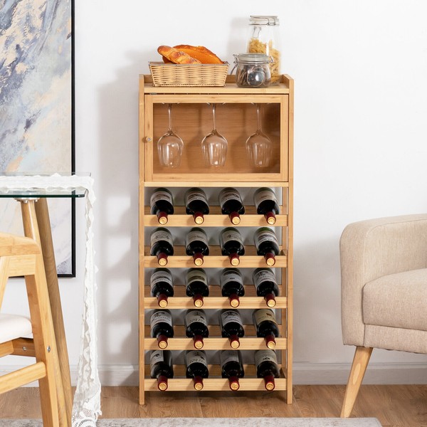 20-Bottle Bamboo Wine Rack Cabinet Display Cupboard Shelf with Bottle Organizer