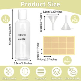 8Pcs Leak Proof Disc Cap Bottles, 100ml Reusable Travel Bottles, Air Flight Plastic Bottles, Empty Travel Containers with 2 Funnel 12 Label, Small Shampoo Bottles for Toiletries Conditioner Cosmetic