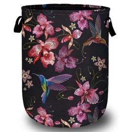 Pink Flower Hummingbird Laundry Basket, Foldable Waterproof Laundry Hamper Tote Bag Dirty Clothes Storage Bucket Toy Organizer for Bathroom/Laundry/Bedroom 15.7"x19.6"