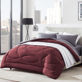 SLEEP ZONE Full Size Comforter Duvet Insert, Down Alternative Reversible Comforter, Lightweight, Soft and Breathable Bedding All Season, A Side Burgundy + B Side Grey