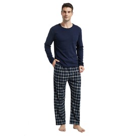 amaxer Men's 100% Cotton Pajamas Plaid Pants Crewneck Top Long Sleeve Pjs Warm Soft Lounge Set 2-Piece Gift